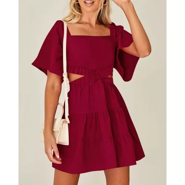imageBTFBM Women Summer Dresses 2023 Square Neck Short Sleeve Cutout Crossover Waist Casual Party Tiered ALine Mini DressSolid Wine Red