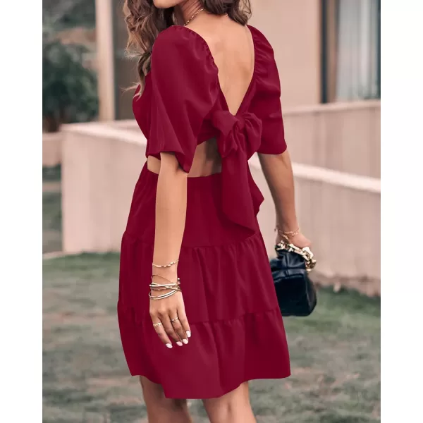 imageBTFBM Women Summer Dresses 2023 Square Neck Short Sleeve Cutout Crossover Waist Casual Party Tiered ALine Mini DressSolid Wine Red