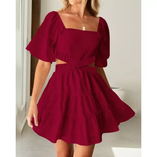 imageBTFBM Women Summer Dresses 2023 Square Neck Short Sleeve Cutout Crossover Waist Casual Party Tiered ALine Mini DressSolid Wine Red