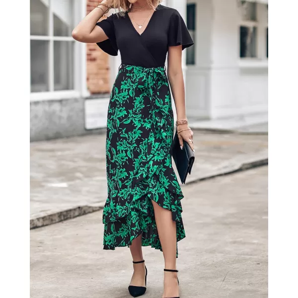 imageBTFBM Women Summer Long Dresses 2023 Short Sleeve V Neck Boho Floral Print Tie Waist High Low Ruffle Cocktail Maxi DressBig Floral Black Green