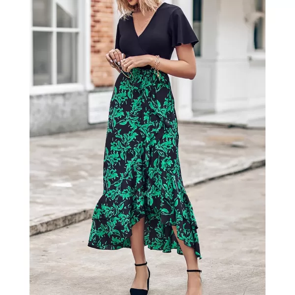 imageBTFBM Women Summer Long Dresses 2023 Short Sleeve V Neck Boho Floral Print Tie Waist High Low Ruffle Cocktail Maxi DressBig Floral Black Green