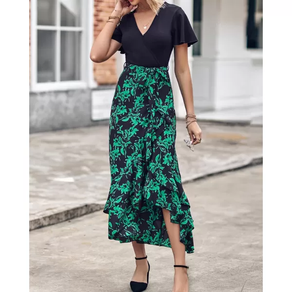imageBTFBM Women Summer Long Dresses 2023 Short Sleeve V Neck Boho Floral Print Tie Waist High Low Ruffle Cocktail Maxi DressBig Floral Black Green