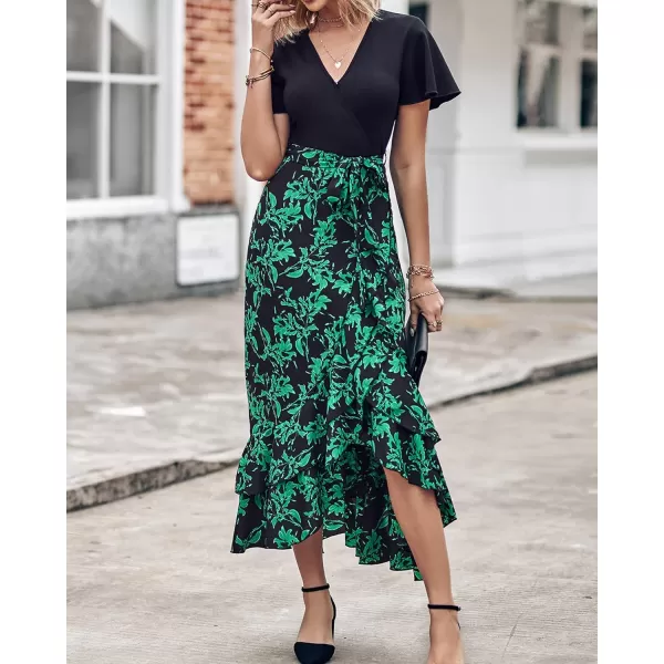 imageBTFBM Women Summer Long Dresses 2023 Short Sleeve V Neck Boho Floral Print Tie Waist High Low Ruffle Cocktail Maxi DressBig Floral Black Green