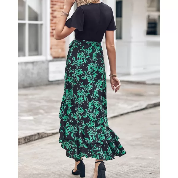 imageBTFBM Women Summer Long Dresses 2023 Short Sleeve V Neck Boho Floral Print Tie Waist High Low Ruffle Cocktail Maxi DressBig Floral Black Green
