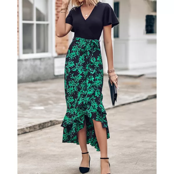 imageBTFBM Women Summer Long Dresses 2023 Short Sleeve V Neck Boho Floral Print Tie Waist High Low Ruffle Cocktail Maxi DressBig Floral Black Green