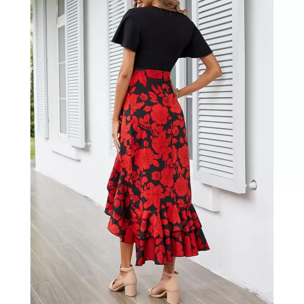 imageBTFBM Women Summer Long Dresses 2023 Short Sleeve V Neck Boho Floral Print Tie Waist High Low Ruffle Cocktail Maxi DressBig Floral Black Red