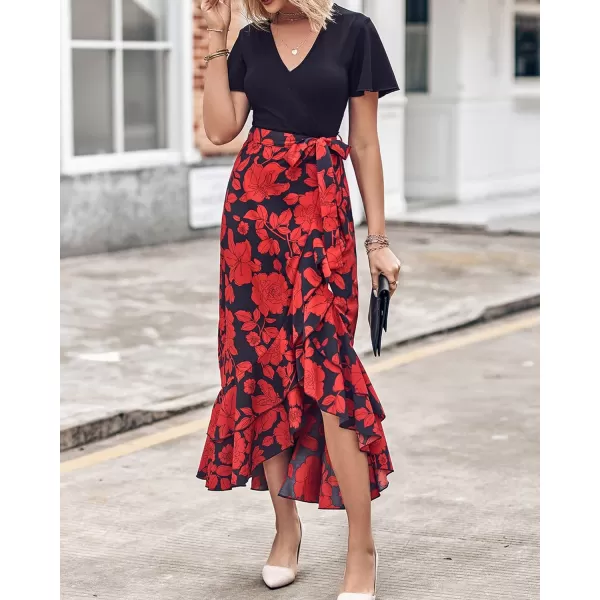 imageBTFBM Women Summer Long Dresses 2023 Short Sleeve V Neck Boho Floral Print Tie Waist High Low Ruffle Cocktail Maxi DressBig Floral Black Red