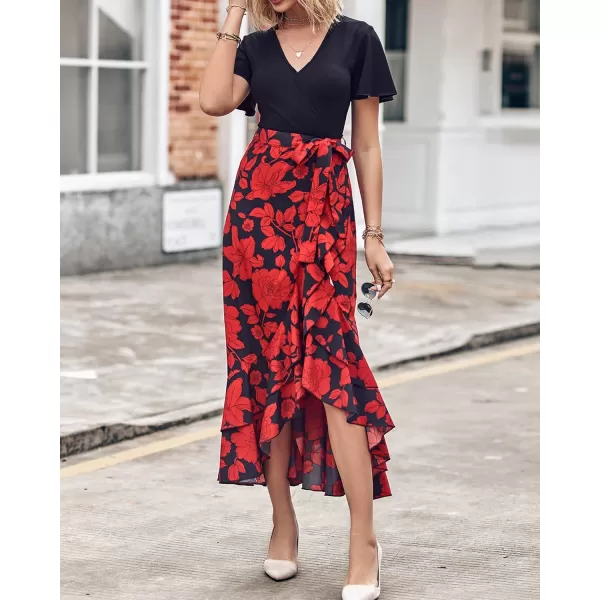 imageBTFBM Women Summer Long Dresses 2023 Short Sleeve V Neck Boho Floral Print Tie Waist High Low Ruffle Cocktail Maxi DressBig Floral Black Red