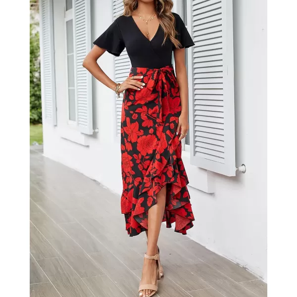 imageBTFBM Women Summer Long Dresses 2023 Short Sleeve V Neck Boho Floral Print Tie Waist High Low Ruffle Cocktail Maxi DressBig Floral Black Red