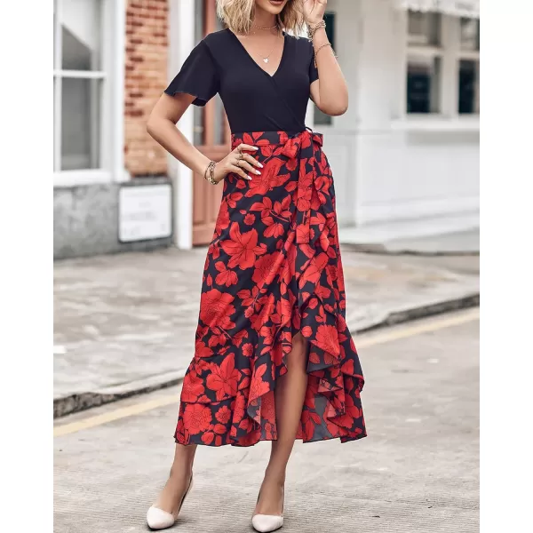 imageBTFBM Women Summer Long Dresses 2023 Short Sleeve V Neck Boho Floral Print Tie Waist High Low Ruffle Cocktail Maxi DressBig Floral Black Red
