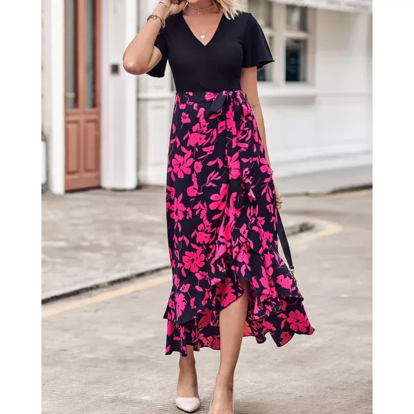 imageBTFBM Women Summer Long Dresses 2023 Short Sleeve V Neck Boho Floral Print Tie Waist High Low Ruffle Cocktail Maxi DressBig Floral Black Rose Red