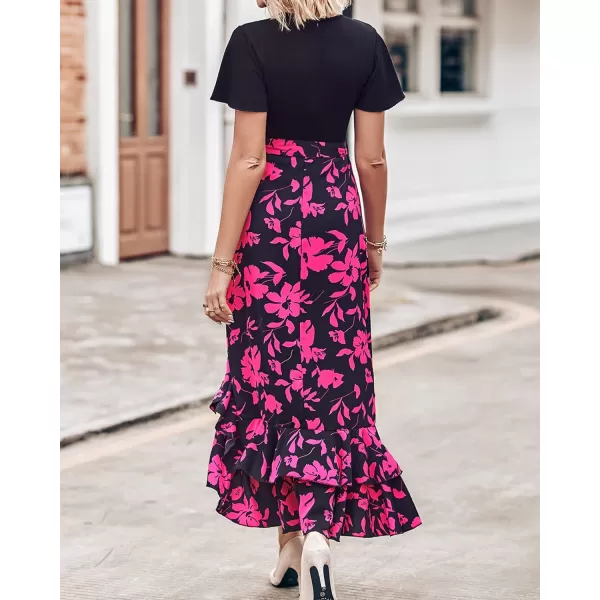 imageBTFBM Women Summer Long Dresses 2023 Short Sleeve V Neck Boho Floral Print Tie Waist High Low Ruffle Cocktail Maxi DressBig Floral Black Rose Red