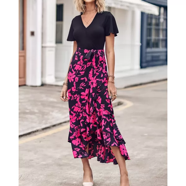 imageBTFBM Women Summer Long Dresses 2023 Short Sleeve V Neck Boho Floral Print Tie Waist High Low Ruffle Cocktail Maxi DressBig Floral Black Rose Red