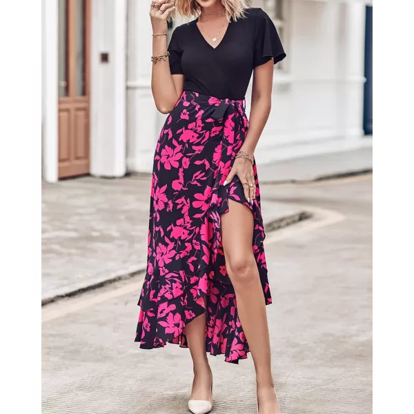 imageBTFBM Women Summer Long Dresses 2023 Short Sleeve V Neck Boho Floral Print Tie Waist High Low Ruffle Cocktail Maxi DressBig Floral Black Rose Red