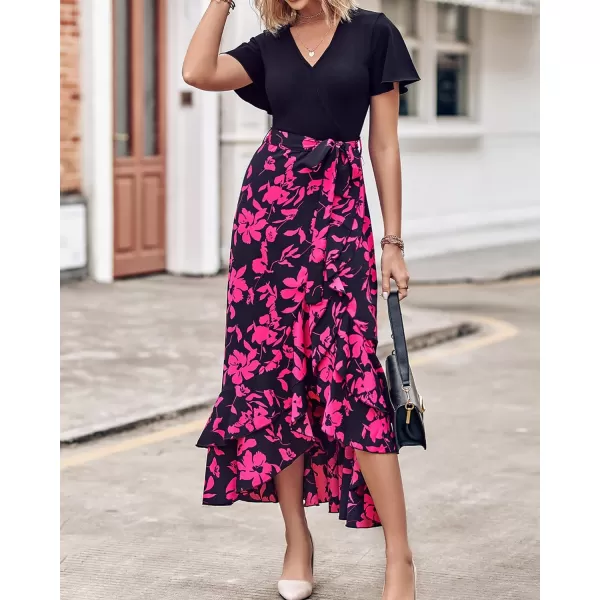 imageBTFBM Women Summer Long Dresses 2023 Short Sleeve V Neck Boho Floral Print Tie Waist High Low Ruffle Cocktail Maxi DressBig Floral Black Rose Red