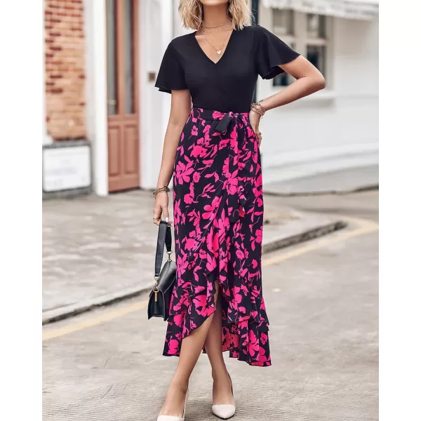 imageBTFBM Women Summer Long Dresses 2023 Short Sleeve V Neck Boho Floral Print Tie Waist High Low Ruffle Cocktail Maxi DressBig Floral Black Rose Red