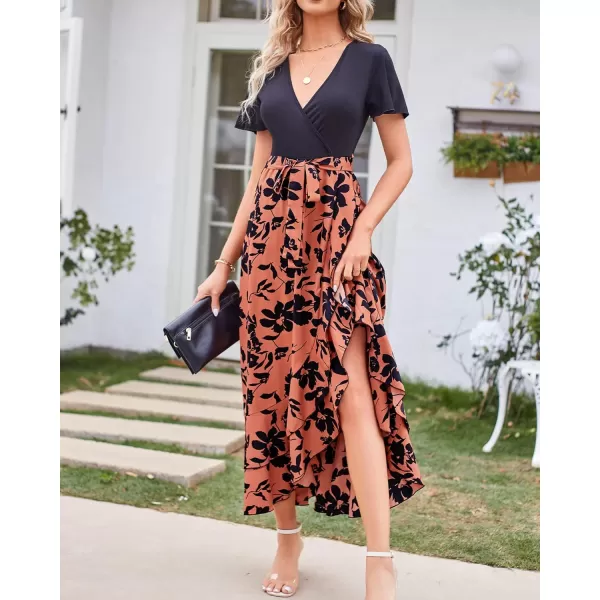 imageBTFBM Women Summer Long Dresses 2023 Short Sleeve V Neck Boho Floral Print Tie Waist High Low Ruffle Cocktail Maxi DressBig Floral Brown