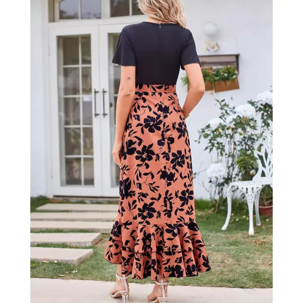 imageBTFBM Women Summer Long Dresses 2023 Short Sleeve V Neck Boho Floral Print Tie Waist High Low Ruffle Cocktail Maxi DressBig Floral Brown