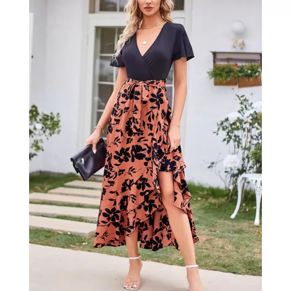 imageBTFBM Women Summer Long Dresses 2023 Short Sleeve V Neck Boho Floral Print Tie Waist High Low Ruffle Cocktail Maxi DressBig Floral Brown