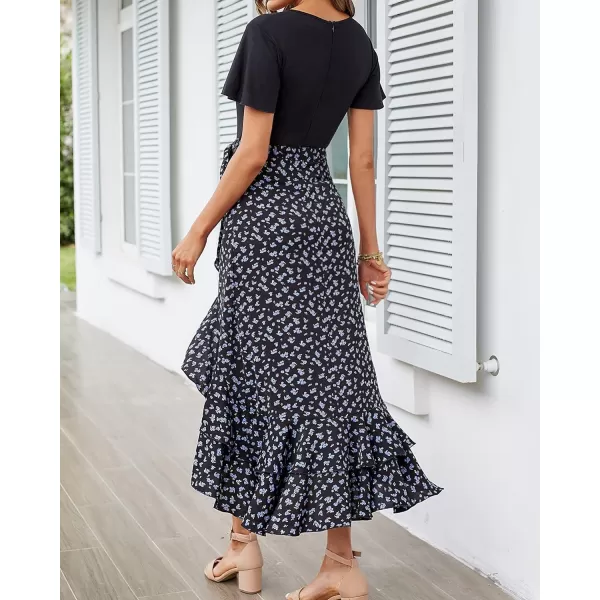 imageBTFBM Women Summer Long Dresses 2023 Short Sleeve V Neck Boho Floral Print Tie Waist High Low Ruffle Cocktail Maxi DressFloral Black Blue
