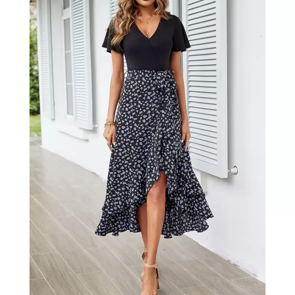imageBTFBM Women Summer Long Dresses 2023 Short Sleeve V Neck Boho Floral Print Tie Waist High Low Ruffle Cocktail Maxi DressFloral Black Blue