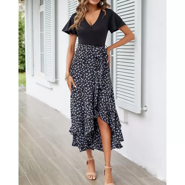 imageBTFBM Women Summer Long Dresses 2023 Short Sleeve V Neck Boho Floral Print Tie Waist High Low Ruffle Cocktail Maxi DressFloral Black Blue