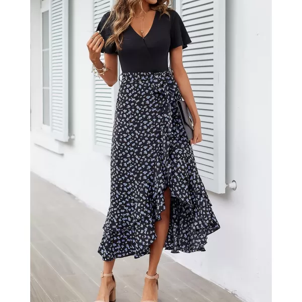 imageBTFBM Women Summer Long Dresses 2023 Short Sleeve V Neck Boho Floral Print Tie Waist High Low Ruffle Cocktail Maxi DressFloral Black Blue