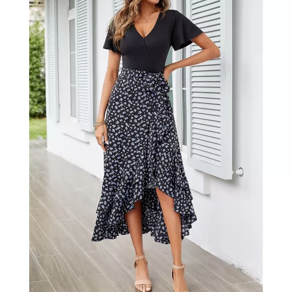 imageBTFBM Women Summer Long Dresses 2023 Short Sleeve V Neck Boho Floral Print Tie Waist High Low Ruffle Cocktail Maxi DressFloral Black Blue