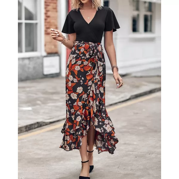 imageBTFBM Women Summer Long Dresses 2023 Short Sleeve V Neck Boho Floral Print Tie Waist High Low Ruffle Cocktail Maxi DressFloral Black Brown