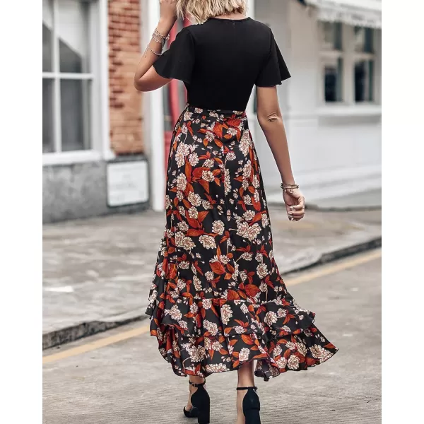 imageBTFBM Women Summer Long Dresses 2023 Short Sleeve V Neck Boho Floral Print Tie Waist High Low Ruffle Cocktail Maxi DressFloral Black Brown
