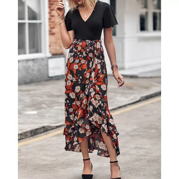 imageBTFBM Women Summer Long Dresses 2023 Short Sleeve V Neck Boho Floral Print Tie Waist High Low Ruffle Cocktail Maxi DressFloral Black Brown