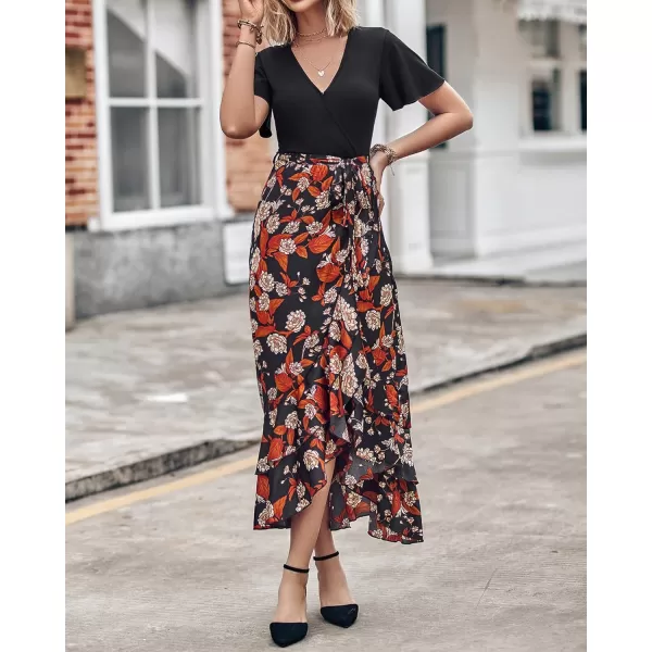 imageBTFBM Women Summer Long Dresses 2023 Short Sleeve V Neck Boho Floral Print Tie Waist High Low Ruffle Cocktail Maxi DressFloral Black Brown