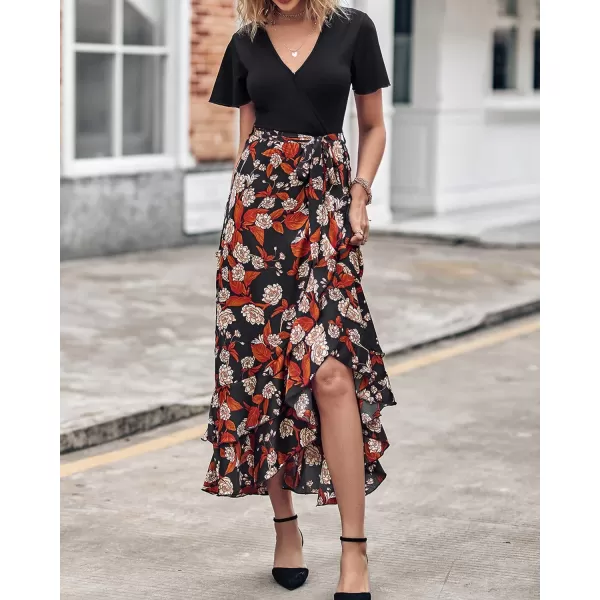 imageBTFBM Women Summer Long Dresses 2023 Short Sleeve V Neck Boho Floral Print Tie Waist High Low Ruffle Cocktail Maxi DressFloral Black Brown