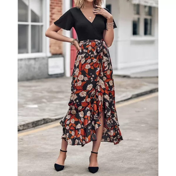 imageBTFBM Women Summer Long Dresses 2023 Short Sleeve V Neck Boho Floral Print Tie Waist High Low Ruffle Cocktail Maxi DressFloral Black Brown