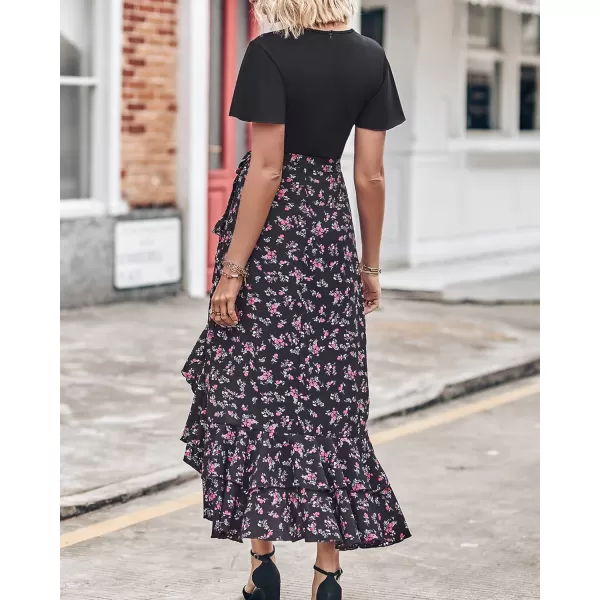 imageBTFBM Women Summer Long Dresses 2023 Short Sleeve V Neck Boho Floral Print Tie Waist High Low Ruffle Cocktail Maxi DressFloral Black Red