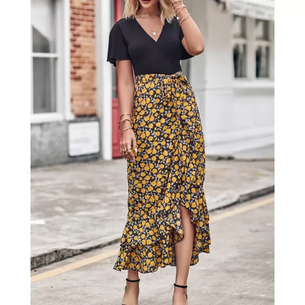 imageBTFBM Women Summer Long Dresses 2023 Short Sleeve V Neck Boho Floral Print Tie Waist High Low Ruffle Cocktail Maxi DressFloral Black Yellow