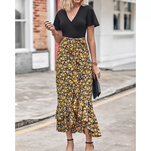 imageBTFBM Women Summer Long Dresses 2023 Short Sleeve V Neck Boho Floral Print Tie Waist High Low Ruffle Cocktail Maxi DressFloral Black Yellow