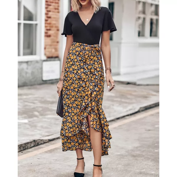 imageBTFBM Women Summer Long Dresses 2023 Short Sleeve V Neck Boho Floral Print Tie Waist High Low Ruffle Cocktail Maxi DressFloral Black Yellow
