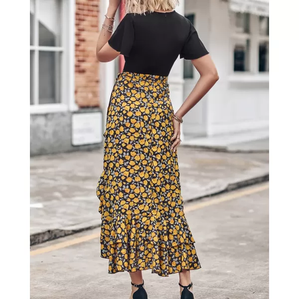 imageBTFBM Women Summer Long Dresses 2023 Short Sleeve V Neck Boho Floral Print Tie Waist High Low Ruffle Cocktail Maxi DressFloral Black Yellow