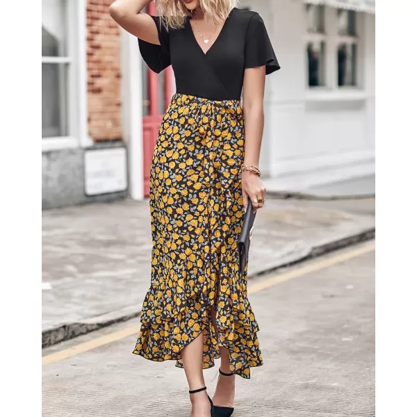 imageBTFBM Women Summer Long Dresses 2023 Short Sleeve V Neck Boho Floral Print Tie Waist High Low Ruffle Cocktail Maxi DressFloral Black Yellow