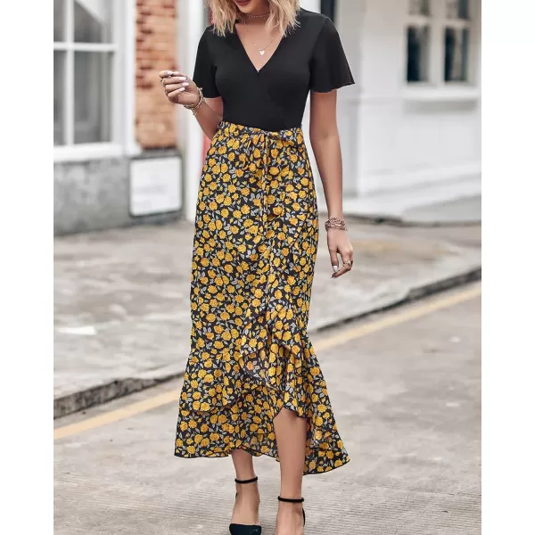 imageBTFBM Women Summer Long Dresses 2023 Short Sleeve V Neck Boho Floral Print Tie Waist High Low Ruffle Cocktail Maxi DressFloral Black Yellow