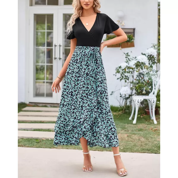 imageBTFBM Women Summer Long Dresses 2023 Short Sleeve V Neck Boho Floral Print Tie Waist High Low Ruffle Cocktail Maxi DressFloral Blue Green