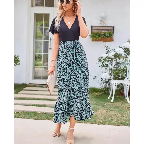 imageBTFBM Women Summer Long Dresses 2023 Short Sleeve V Neck Boho Floral Print Tie Waist High Low Ruffle Cocktail Maxi DressFloral Blue Green