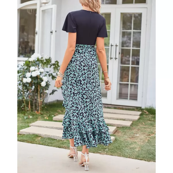 imageBTFBM Women Summer Long Dresses 2023 Short Sleeve V Neck Boho Floral Print Tie Waist High Low Ruffle Cocktail Maxi DressFloral Blue Green