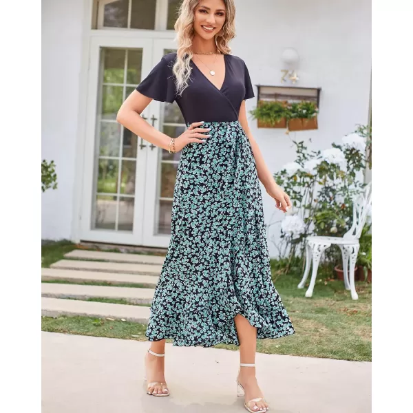 imageBTFBM Women Summer Long Dresses 2023 Short Sleeve V Neck Boho Floral Print Tie Waist High Low Ruffle Cocktail Maxi DressFloral Blue Green