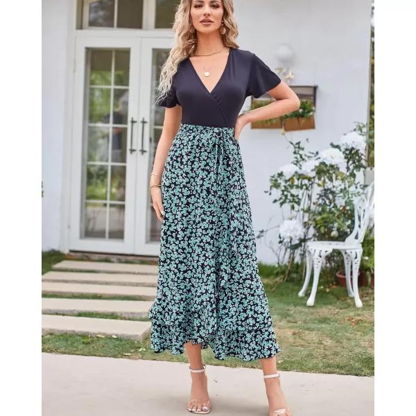 imageBTFBM Women Summer Long Dresses 2023 Short Sleeve V Neck Boho Floral Print Tie Waist High Low Ruffle Cocktail Maxi DressFloral Blue Green