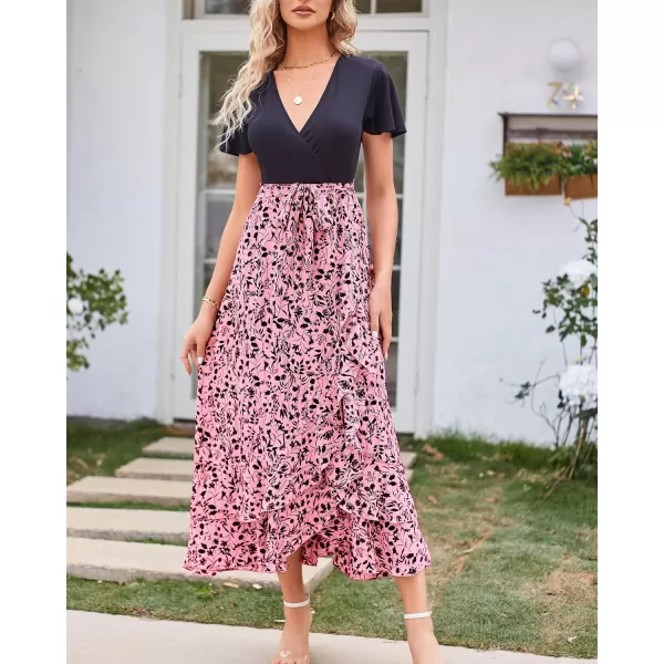 imageBTFBM Women Summer Long Dresses 2023 Short Sleeve V Neck Boho Floral Print Tie Waist High Low Ruffle Cocktail Maxi DressFloral Pink Black