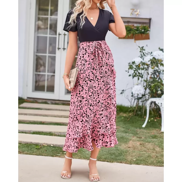 imageBTFBM Women Summer Long Dresses 2023 Short Sleeve V Neck Boho Floral Print Tie Waist High Low Ruffle Cocktail Maxi DressFloral Pink Black