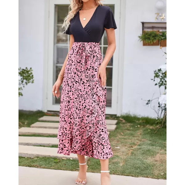 imageBTFBM Women Summer Long Dresses 2023 Short Sleeve V Neck Boho Floral Print Tie Waist High Low Ruffle Cocktail Maxi DressFloral Pink Black