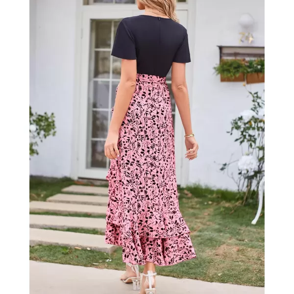 imageBTFBM Women Summer Long Dresses 2023 Short Sleeve V Neck Boho Floral Print Tie Waist High Low Ruffle Cocktail Maxi DressFloral Pink Black